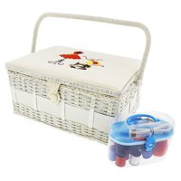 Vintage Sewing Basket Organizer Box Kit with Hand Sewing Supplies and Notions, Rectangular Shaped, 13 x 9 x 6 inches
