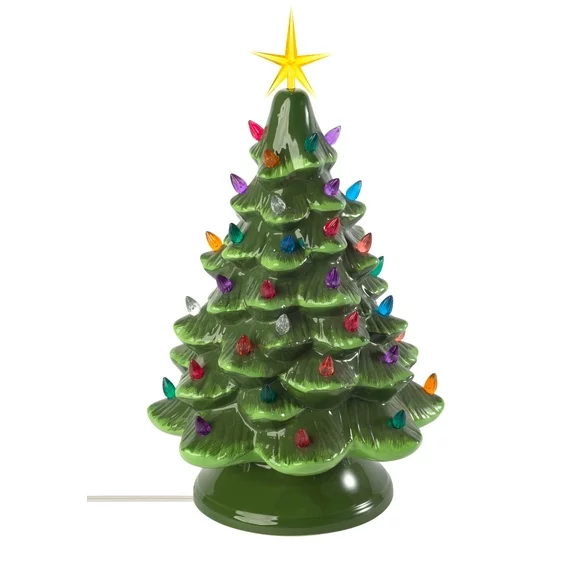 Classic Ceramic Christmas Tree – 15.5” Vintage Green Tree with Separate Base, Multi-Color Lights, Power Cord, Bulb and Star