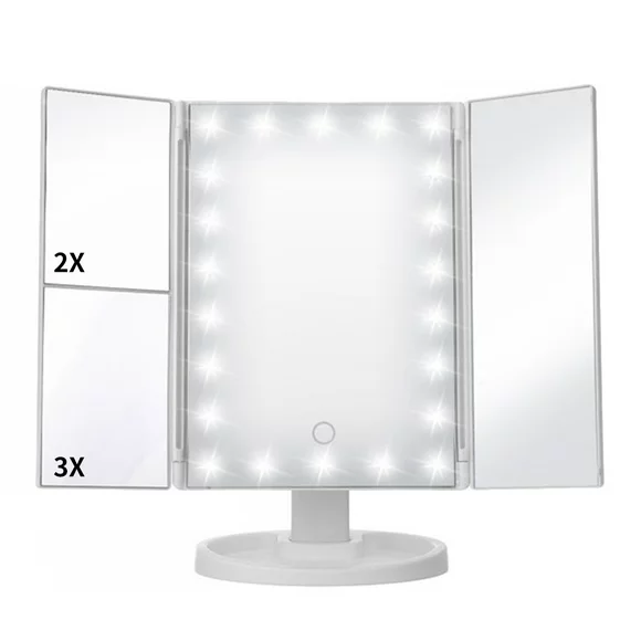 Makeup Vanity Mirror with 22 LED Lights, 1x 2X 3X Magnification, Lighted Makeup Mirror, Touch Control, Trifold Makeup Mirror, 180 Degree Rotation White, Portable LED Makeup Mirror, Women Gift