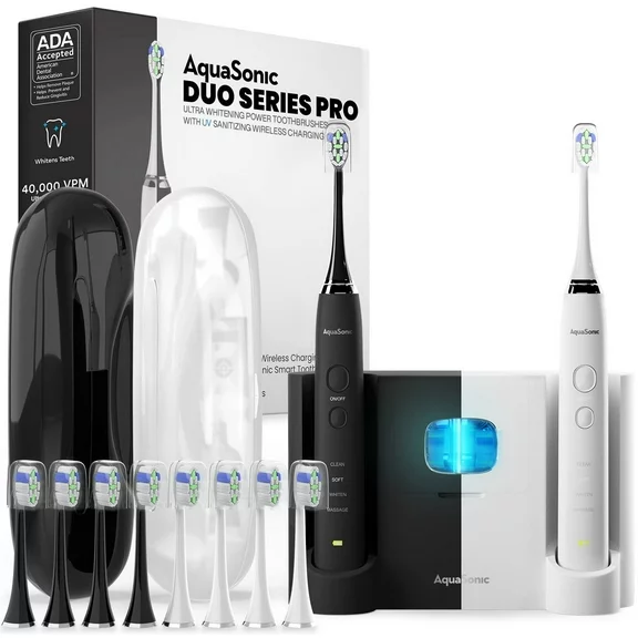 AquaSonic DUO PRO w/ 2 Electric Toothbrushes, 10 ProFlex Brush Heads