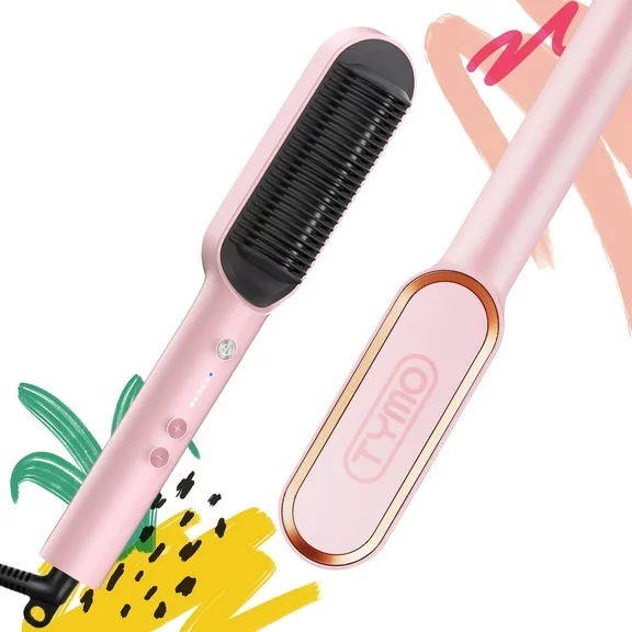 TYMO Ring Pink Hair Straightener Brush ? Hair Straightening Iron with Built-in Comb, 20s Fast Heating & 5 Temp Settings & Anti-Scald