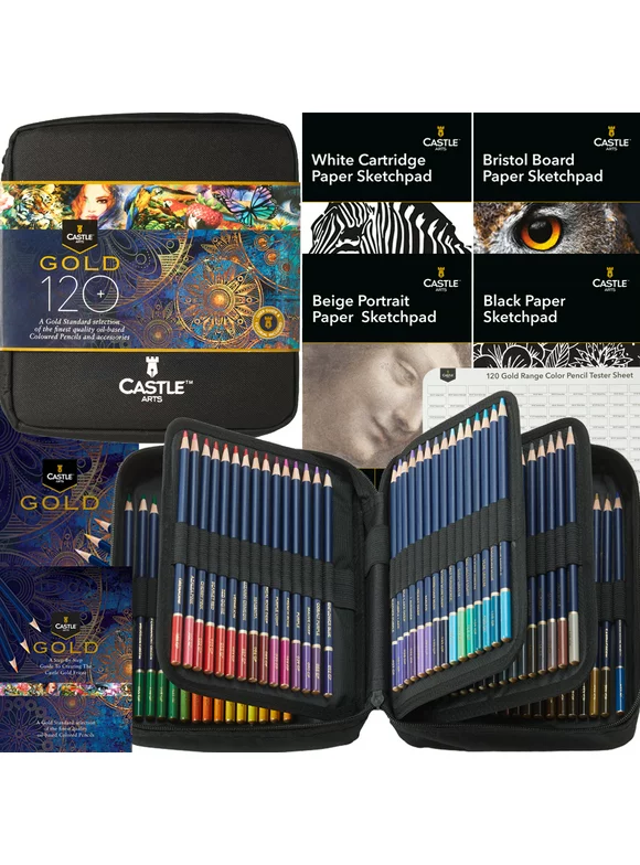 Castle Art Supplies Gold Standard 120 Coloring Pencils Set with Extras Oil-based Colored Cores Stay Sharper, Tougher Against Breakage | For Adult Artists, Colorists | In Zipper Case