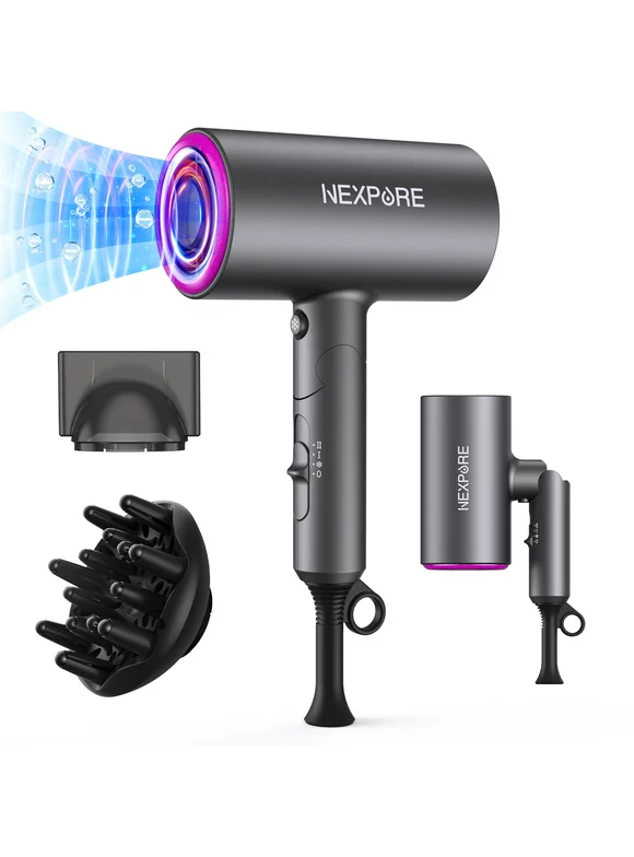 Hair Dryer, NEXPURE 1800W Professional Ionic Hairdryer for Hair Care, Powerful Hot/Cool Wind Blow Dryer, 3 Magnetic Attachments, ETL, UL and ALCI Safety Plug (Dark Grey)