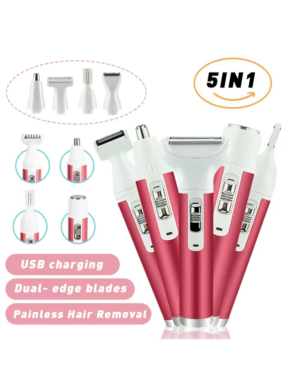 AMERTEER Hair Remover for Women,Painless 5 in 1 Electric Shaver USB Rechargeable,Eyebrow Nose Trimmer,Body Waterproof Bikini Facial Hair Removal for Women (Pink)