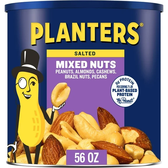 PLANTERS Salted Mixed Nuts, Party Snacks, Plant-Based Protein 56oz (1 Canister)