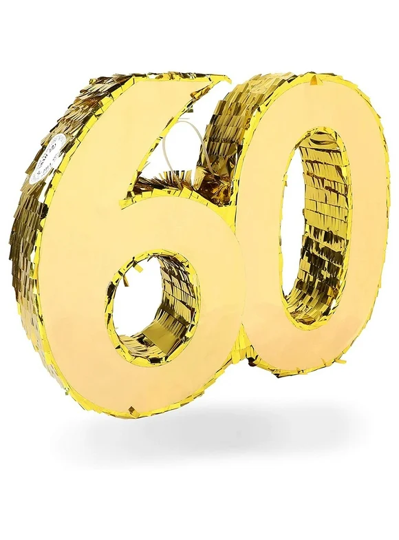 60th Gold Foil Pinata Number for Birthday and 60 Year Diamond Anniversary Party Supplies Decorations, 16.5 x 13 inches