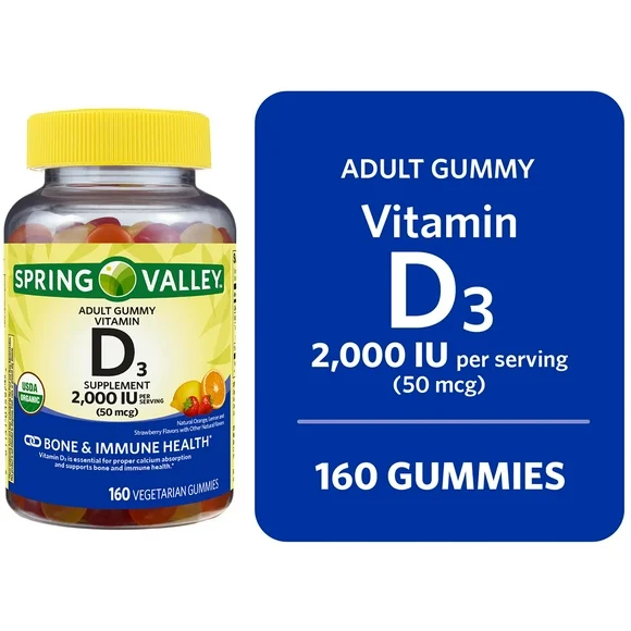 Spring Valley Vitamin D3 Gummies for Bone and Immune Health, 50mcg, Assorted Fruit, 160 Count