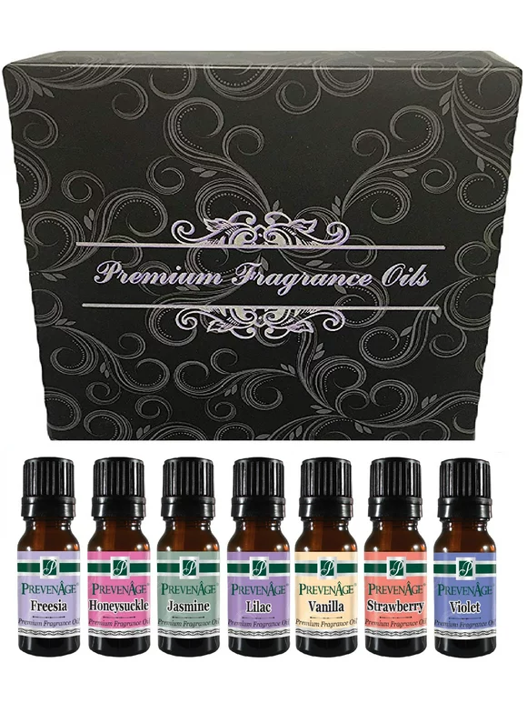Fragrance Oil Aromatic Scented Perfume Oil Gift Set of 7 - Freesia, Honeysuckle, Jasmine, Lilac, Vanilla, Strawberry and Violet -  ( 7 x 10 ml ) by Prevenage Made In USA