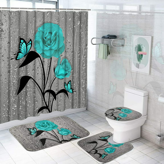 FRAMICS Teal Rose Shower Curtain and Rug Sets, 16 Pc Flowers Bathroom Decor Sets, Gray Waterproof Fabric Shower Curtain with 12 Hooks and Toilet Rugs
