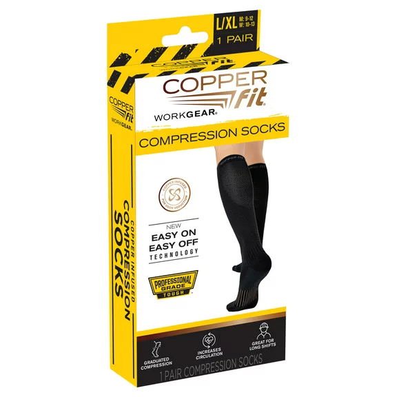 Copper Fit® Work Gear Knee-High Compression Socks, Easy-on/Easy-off Technology, Black, L/XL