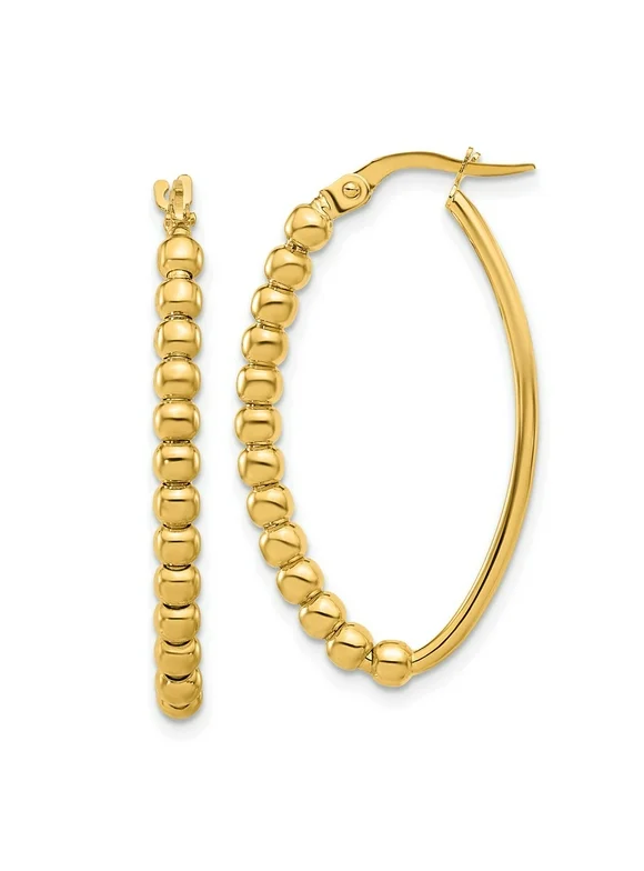 14k Gold Polished Beaded Oval Hoop Earrings