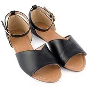 Gallery Seven Open Toe Flats Shoes - Ankle Strap Peep Toe Dress Sandals (Black, 7)