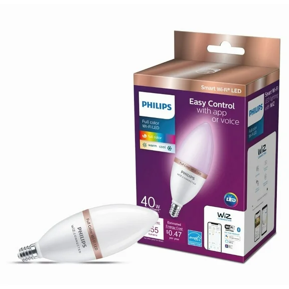 Philips Smart Wi-Fi Connected LED 40-Watt B12 Candle Light Bulb, Frosted Color Dimmable, E12 Candelabra Base (1-Pack)