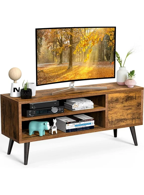 Retro TV Stand Unit with Storage for TVs up to 55 inch, Mid Century Modern TV Entertainment Center with Shlef, Wood TV Console Table for Living Room Bedroom, Dark Brown