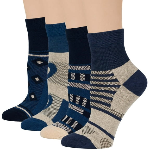 Womens Cotton Diabetic Ankle Socks Non-Binding Seamless Solid Loose Fit 4 Pack Medium 9-11 Dark Navy, Light Navy, Denim Blue, Ecru