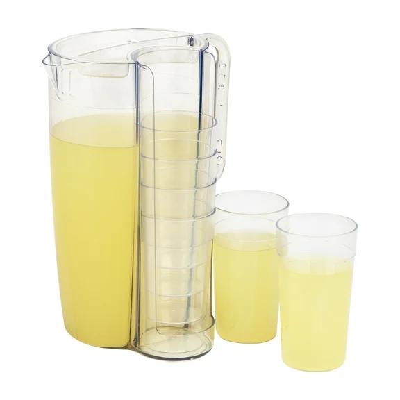Mind Reader Pitcher and Cup Set, 8 Cups, Drink Pitcher with Lid, Glass Storage, Serving Set, 6.5"L x 6.5"W x 10.5"H, Clear