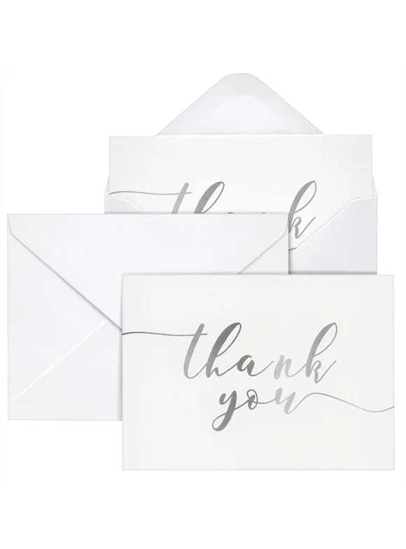 120 Pack Blank Thank You Cards with Envelopes, Silver Foil for Wedding, Bridal, Baby Shower, Graduation, Business, 3.6 x 5 in