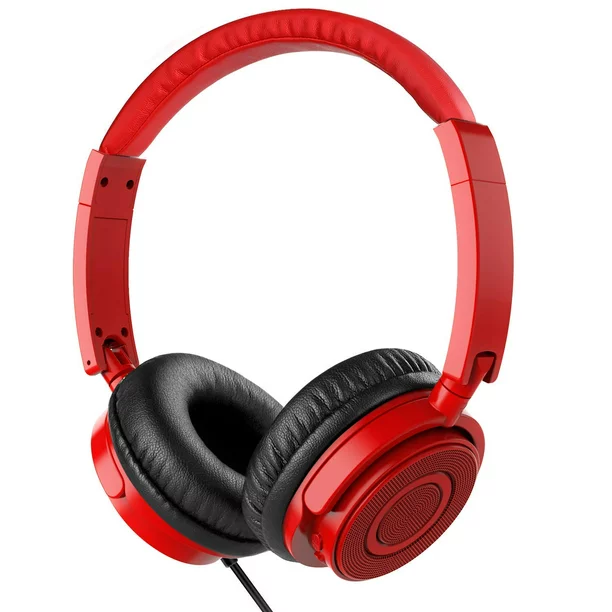 On Ear Headphones with Mic, Vogek Wired Foldable Bass Headphones with Volume Control and Microphone-Red