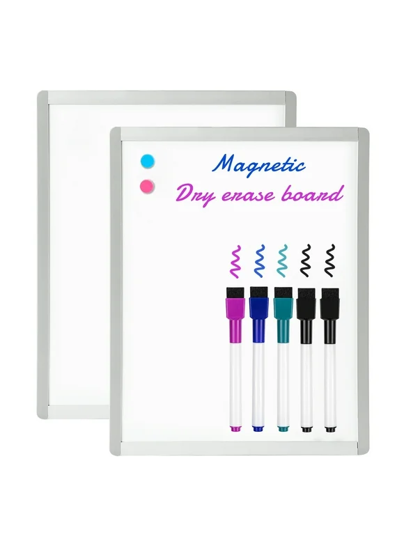 2 Pack Dry Erase Board, 11" x 14" Magnetic Small Whiteboard, 2 Magnets and 4 Markers
