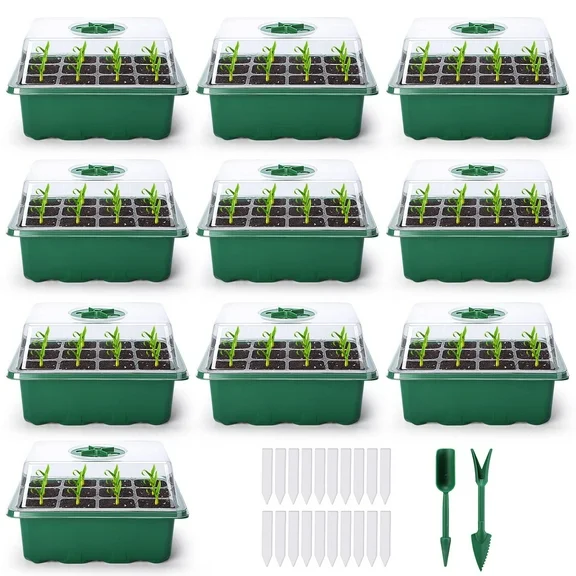 HOUSE DAY 10-Pack Seed Starter Kit Seedling Starter Tray (12 Cells per Tray) Humidity Adjustable Plant Germination Kit Garden Seed Starting Tray with Dome and Green Base Plus Plant Tags Hand Tool Kit