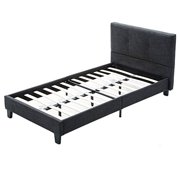 Upholstered Linen Twin Platform Bed Metal Frame,Square Stitched Headboard,Black/Twin Size 