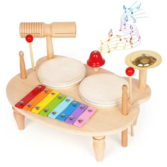 Kids Drum Set All in One Montessori Musical Instruments Set Toddler Toys Natural Wooden Music Kit Baby Sensory Toys Months Birthday Gifts for Girls Boys