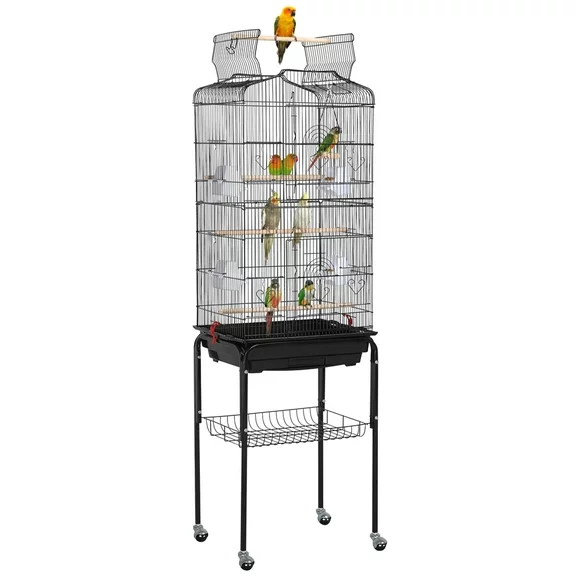 Easyfashion 64" H Rolling Metal Birdcage with Slide-Out Tray Open Top, Black