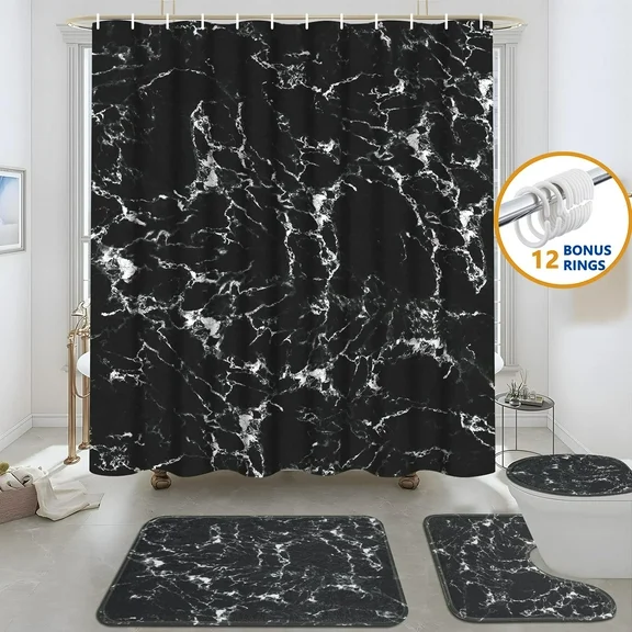 FRAMICS Black White Marble Shower Curtain and Rug Sets, 16 Pc Abstract Modern Bathroom Sets, Waterproof Fabric Shower Curtain with 12 Hooks and Toilet Rugs