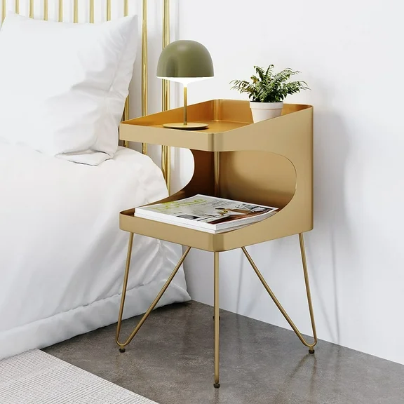 Homary Modern Gold Metal Nightstand with 2 Shelves and Handle Bedside Table Top Assembly Drawer
