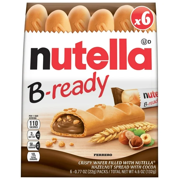 Nutella B-ready, Hazelnut Spread With Cocoa, 6 Individually Wrapped Snack Bars, Snack Bar Pack