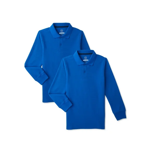 Wonder Nation Boys’ School Uniform Long Sleeve Pique Polo Shirt, 2-Pack, Sizes 4-18