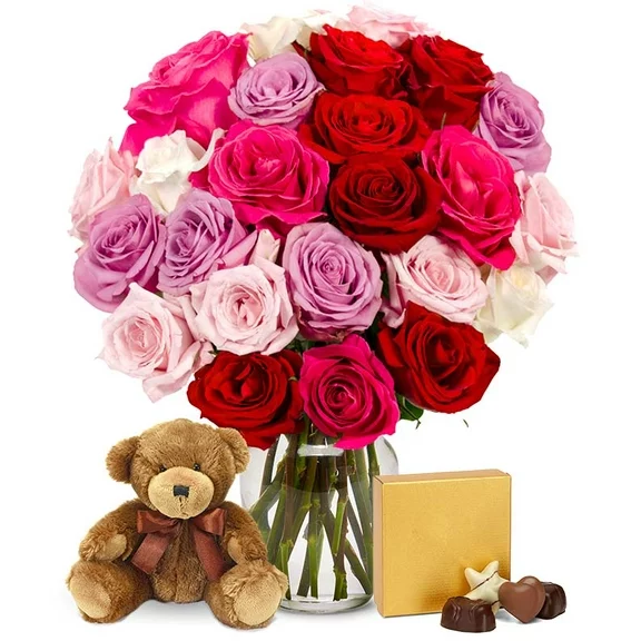 From You Flowers - Two Dozen Sweetheart Roses with Teddy Bear & Chocolates with Glass Vase (Fresh Flowers) Birthday, Anniversary, Get Well, Sympathy, Congratulations, Thank You