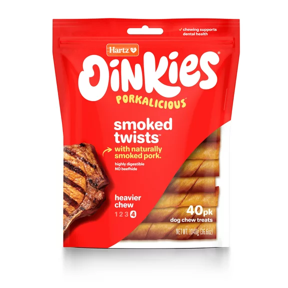 Hartz Oinkies Rawhide-Free Pig Skin Twists Real Smoked Flavor Dog Treats, 36.6oz (40 Count)