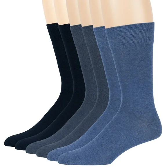 Mens Cotton Assorted Socks, Dark Navy,Light Navy, Denim Blue, Large 10-13, 6 pack