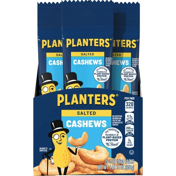 PLANTERS Salted Cashews, Plant-Based Protein, Whole, Kosher, 2 oz Pouch (Pack of 15)