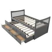 Gray Twin Bed Frame, Kids Captain's Bed with Trundle Bed and Drawers, Heavy Duty Modern Twin Size Storage Bed Frame with Wood Mattress Support Slat, Solid Twin Platform Bed for Kids Boys Girls, I9676