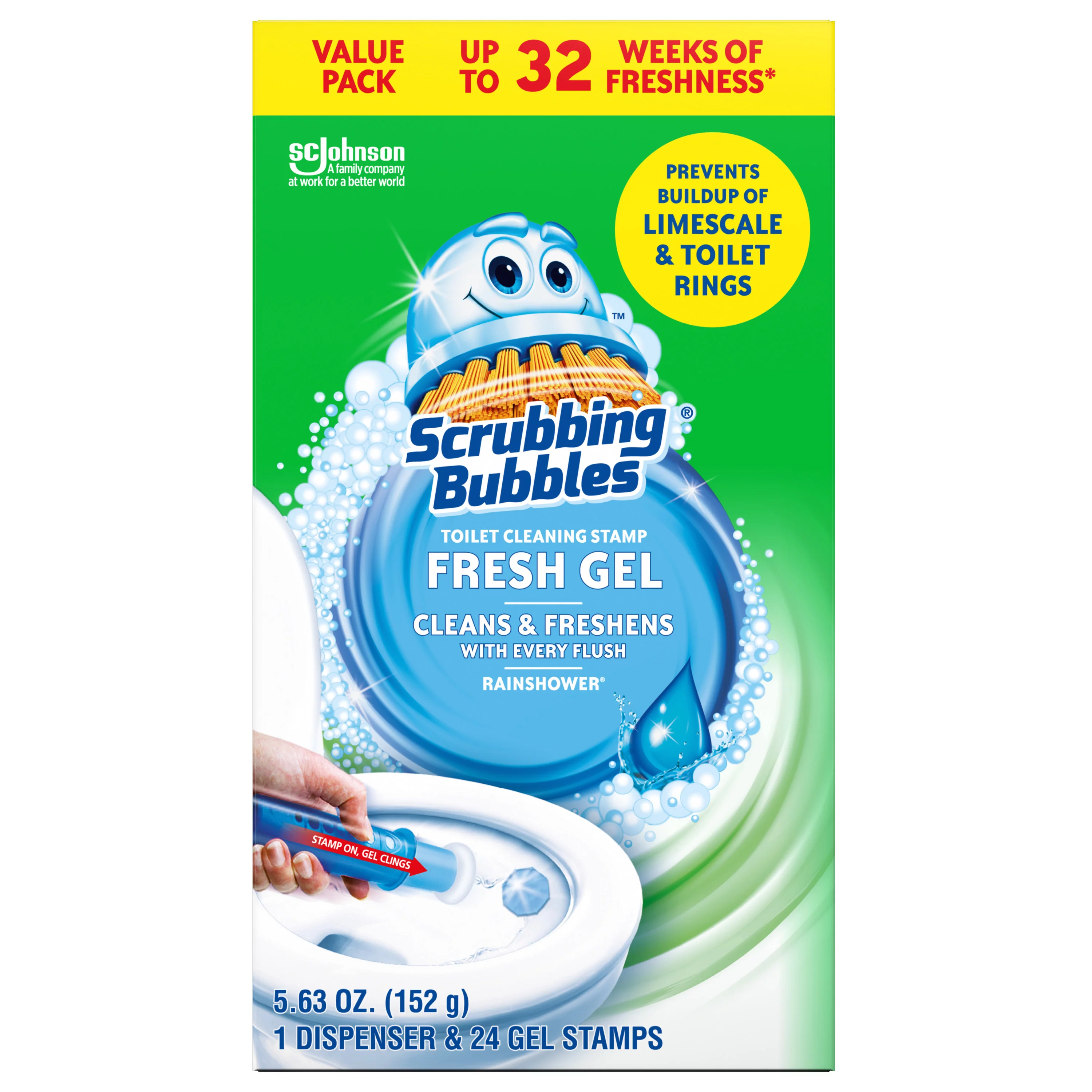 Scrubbing Bubbles Fresh Gel Toilet Cleaning Stamp, Rain shower, Dispenser with 4 Refills