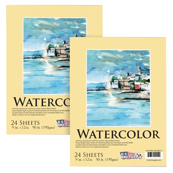 2 Pack of 9" x 12" Premium Extra Heavy-Weight Watercolor Painting Paper Pad 90lb 24-Sheets