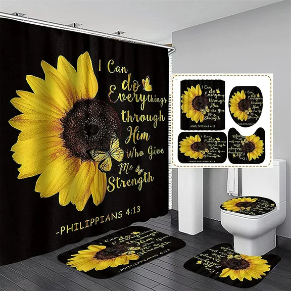 FRAMICS 16 Pc Sunflower Butterfly Shower Curtain and Rug Sets, Flower Quotes Bathroom Sets, Black Waterproof Fabric Shower Curtain with 12 Hooks and Toilet Rugs
