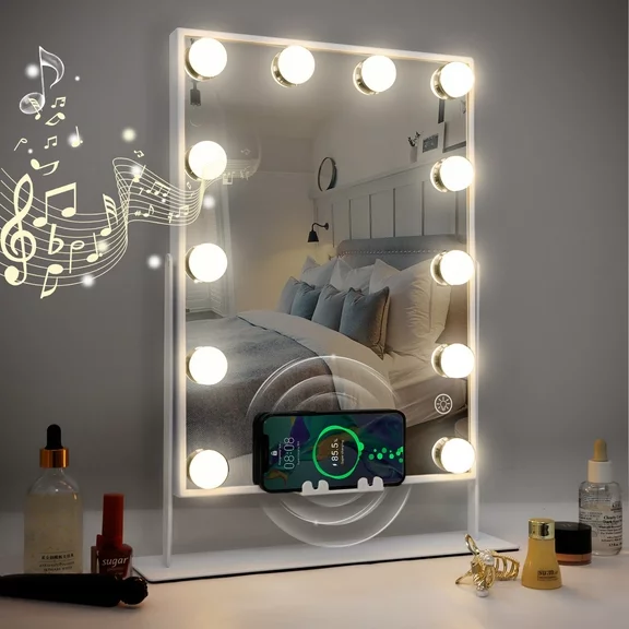 COOLJEEN Bluetooth Hollywood Vanity Makeup Mirror with Lights Wireless Charging Metal Tabletop Rectangle White