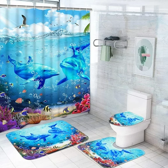 FRAMICS Blue Dolphin Shower Curtain and Rug Sets, 16 Pc Ocean World Bathroom Sets, Waterproof Fabric Shower Curtain with 12 Hooks and Toilet Rugs