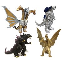 Set of 4 Godzilla Toys Movable Joint Birthday Kids 2019 Action Figures King of the Monsters Burning Heisei Mecha Ghidorah Pack Plastic Mini Dinosaur Playsets Cake Toppers Package