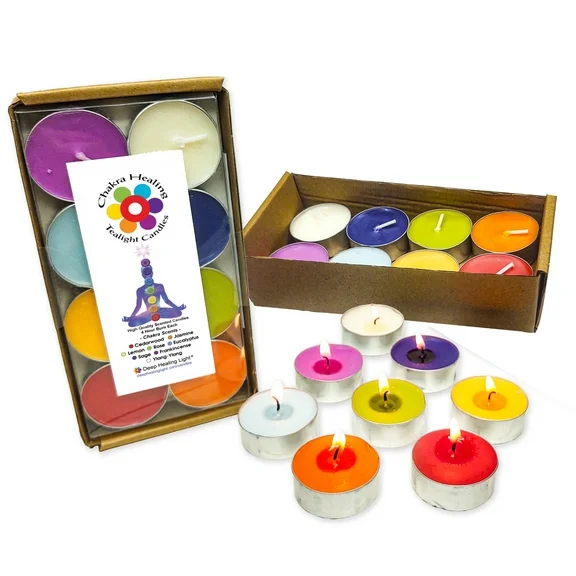 16 Chakra Scented and Colored Tealight Candles - 8 Fragrances and Colors for Healing Chakras, Meditation