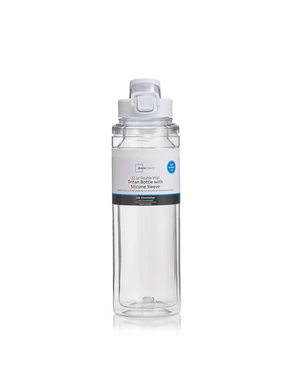 Mainstays 32 fl oz Arctic White and Clear Solid Print Plastic Water Bottle with Wide Mouth Lid