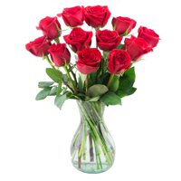 Arabella Bouquets Farm Direct Bouquet of 12 Fresh Cut Red Roses in a Free Elegant Hand-Blown Glass Vase