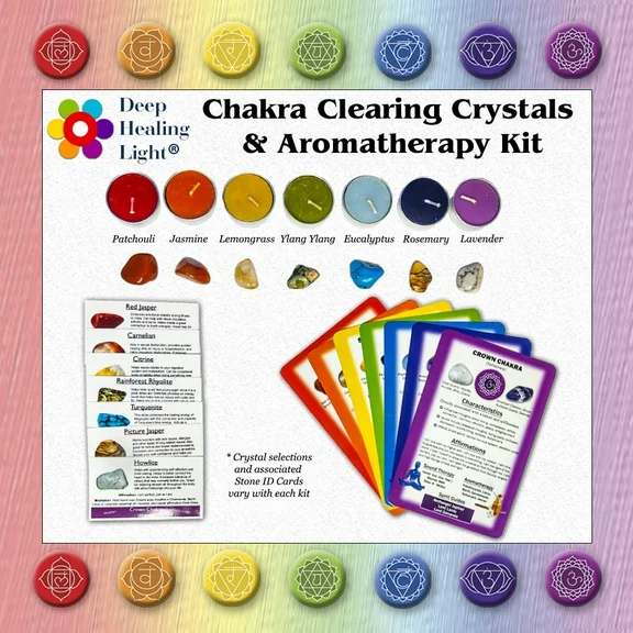 Chakra Clearing Crystal and Aromatherapy Kits with Chakra Scented Candles, Healing Cards,  Stones with ID Cards