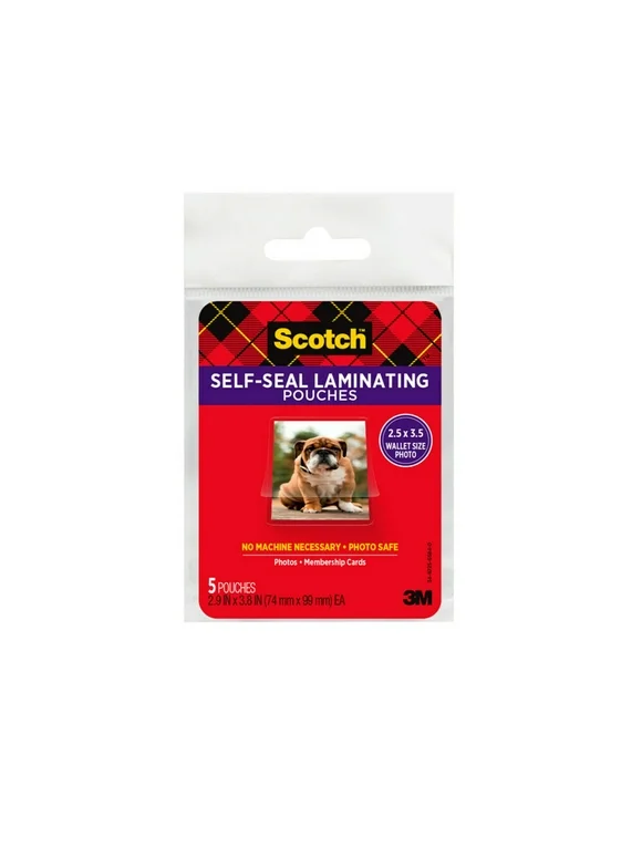 Scotch Self-sealing Laminating Pouches, 5 Count, 2.5" x 3.5", 9.5 mil Thick