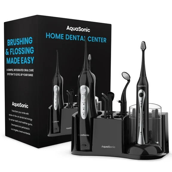 Aquasonic Home Dental Center - Sonic Toothbrush & Smart Water Flosser Combo - 3 Cleaning Modes, Inductive Charging, Auto Timer - Complete Oral Care Kit for Family | Black