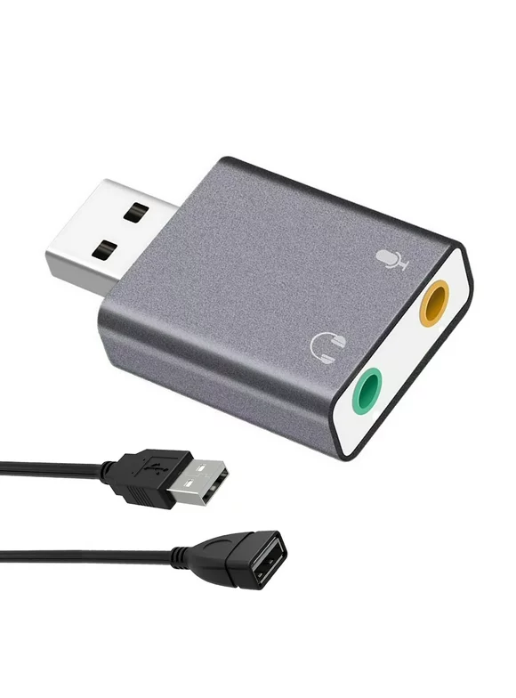Aluminum USB External Stereo Sound Adapter, USB Audio Adapter External Stereo Sound Card with 3.5mm Headphone, Virtual 7.1 Microphone Converter for Windows,Mac,PC,Laptops,Desktops (GRAY)