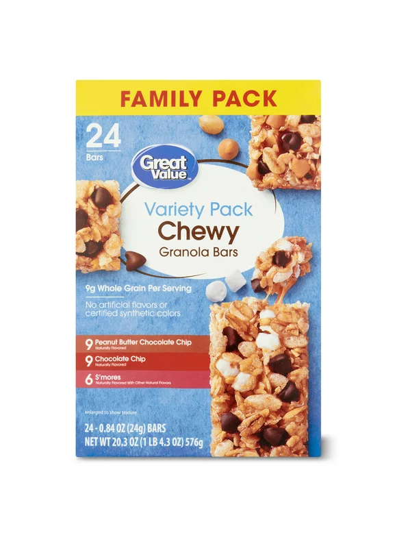 Great Value Chewy Granola Bars Variety Pack, Value Pack, 0.84 oz, 24 Count